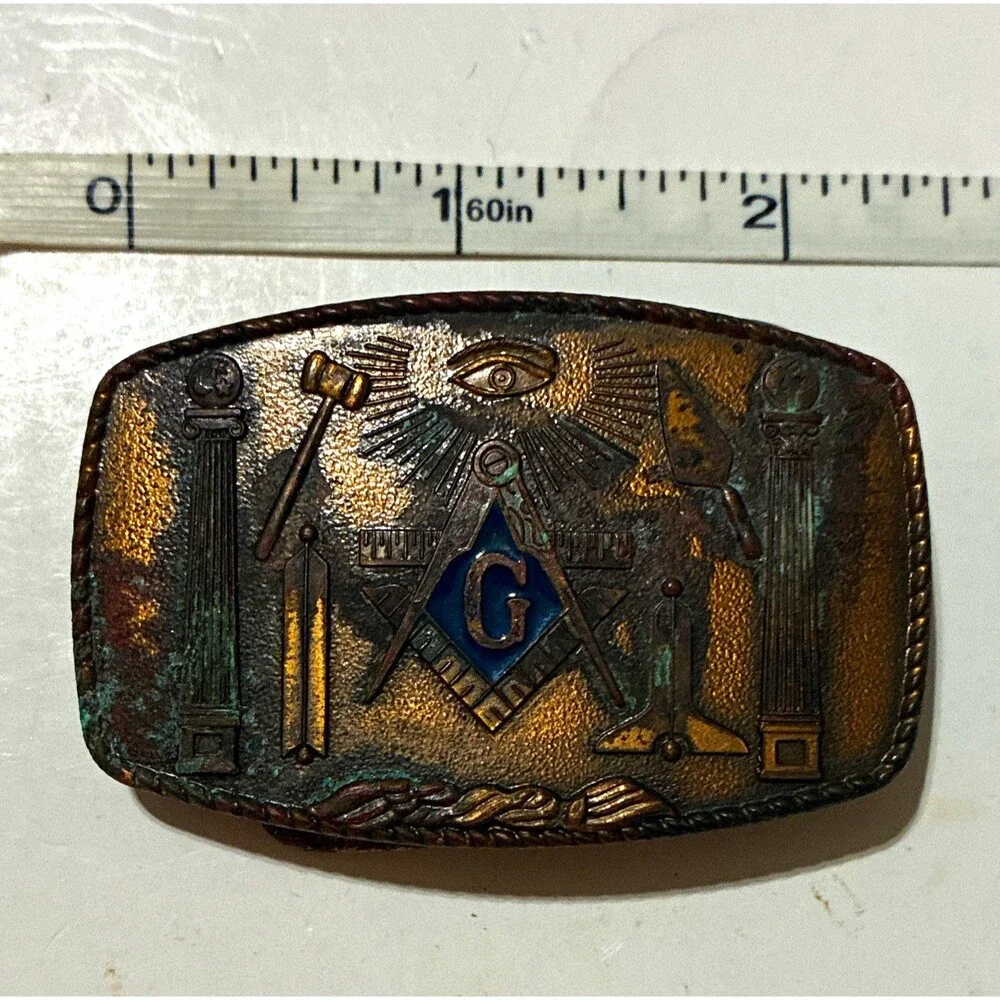 Vintage 1981 Harry Klitzner Masonic Freemason Belt Buckle Blue Enamel G Brass